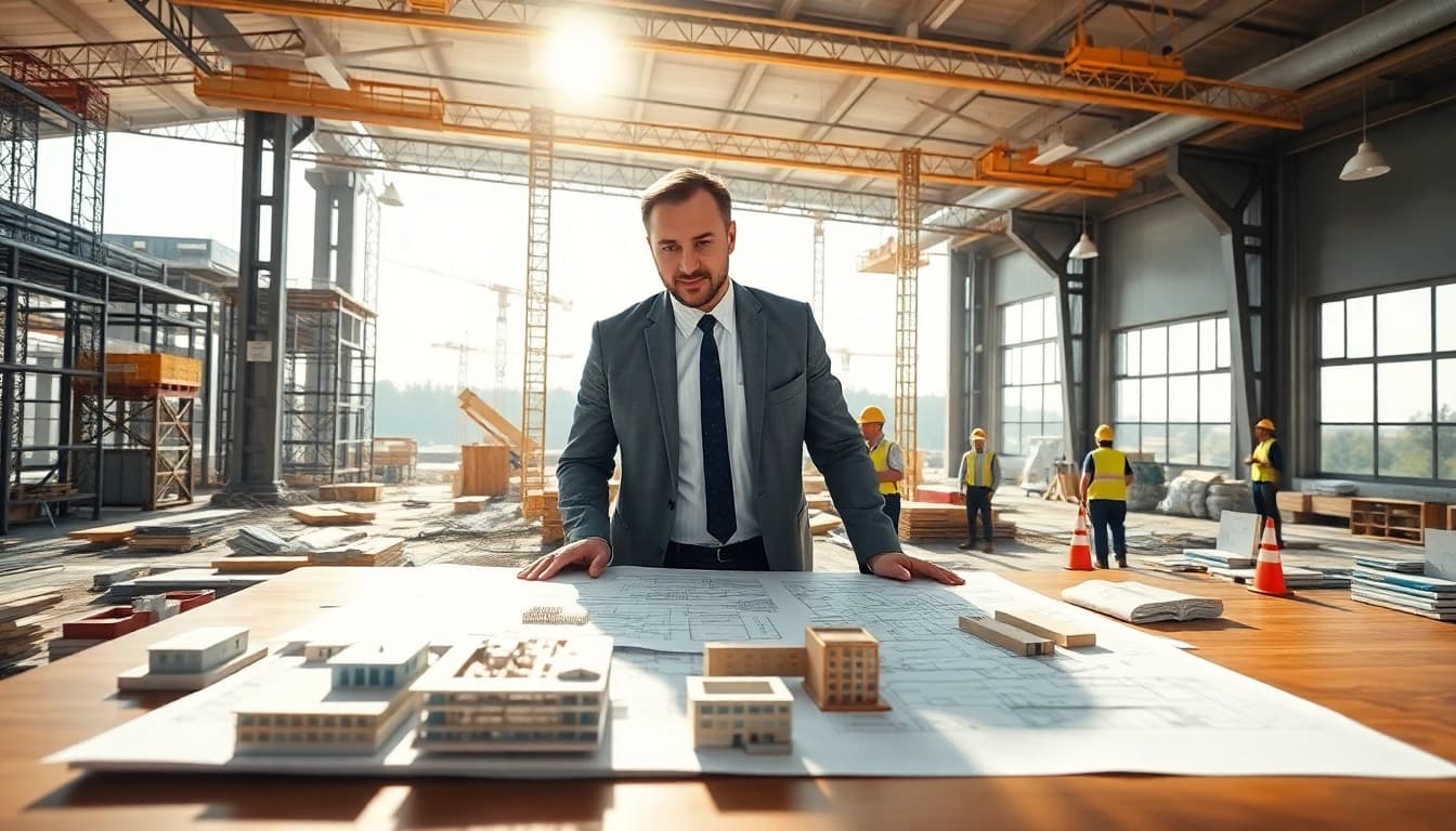 New Jersey Construction Manager supervising an active construction site with blueprints.