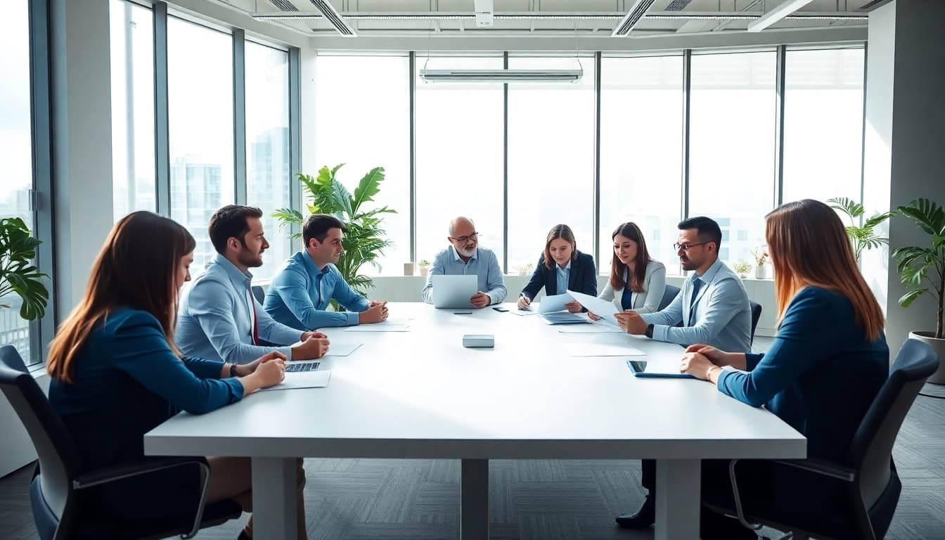 Engaged professionals discussing pre-post award compliance during a meeting in a bright office.