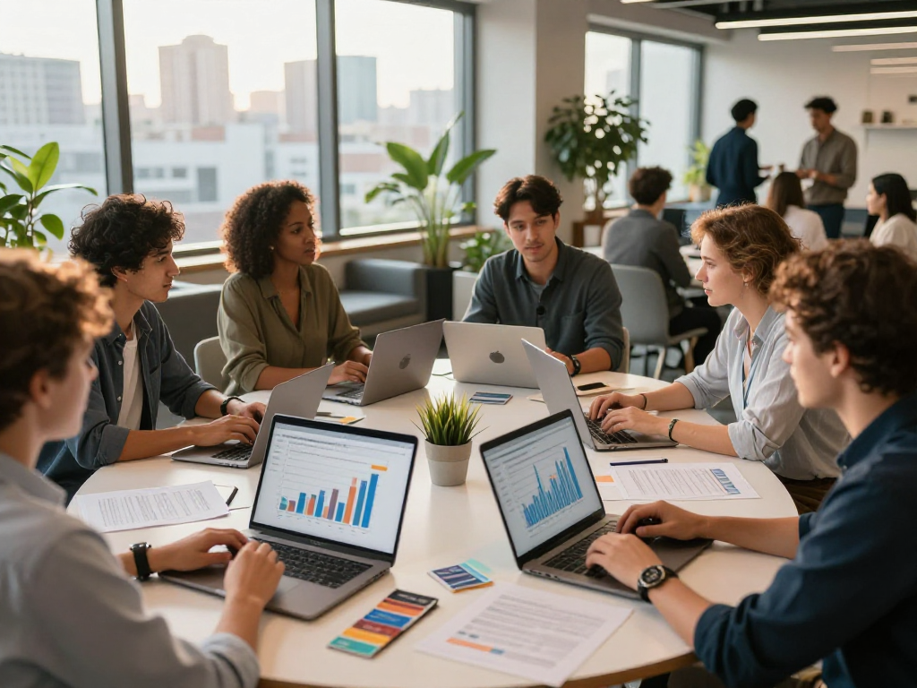 Business owners collaborating in a modern coworking space, sharing ideas and insights.