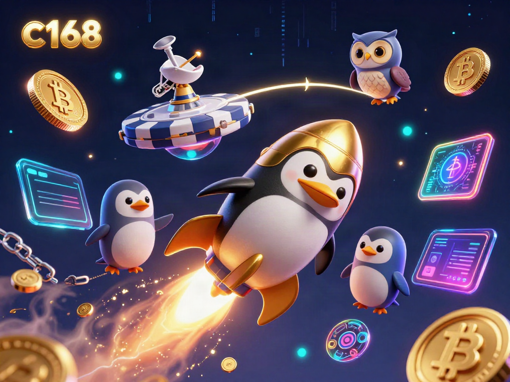 Engage with c168 in an exciting casino adventure featuring a rocket-powered penguin and vibrant crypto elements.