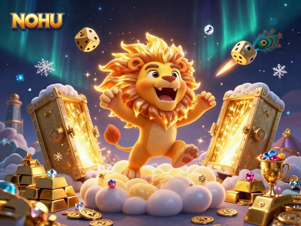 Experience the exciting world of NOHU with golden treasures and vibrant characters in this 3D casino-themed illustration.