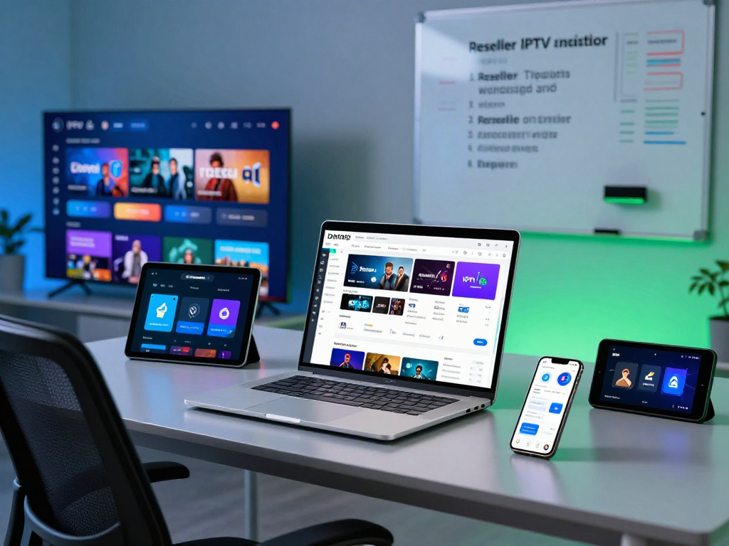 "Iptv reseller dashboard showcasing advanced streaming technologies and multi-device compatibility in a modern workspace."