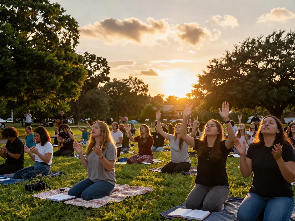 Group worshiping outdoors, a musician on guitar, during sunset, my response to faith.