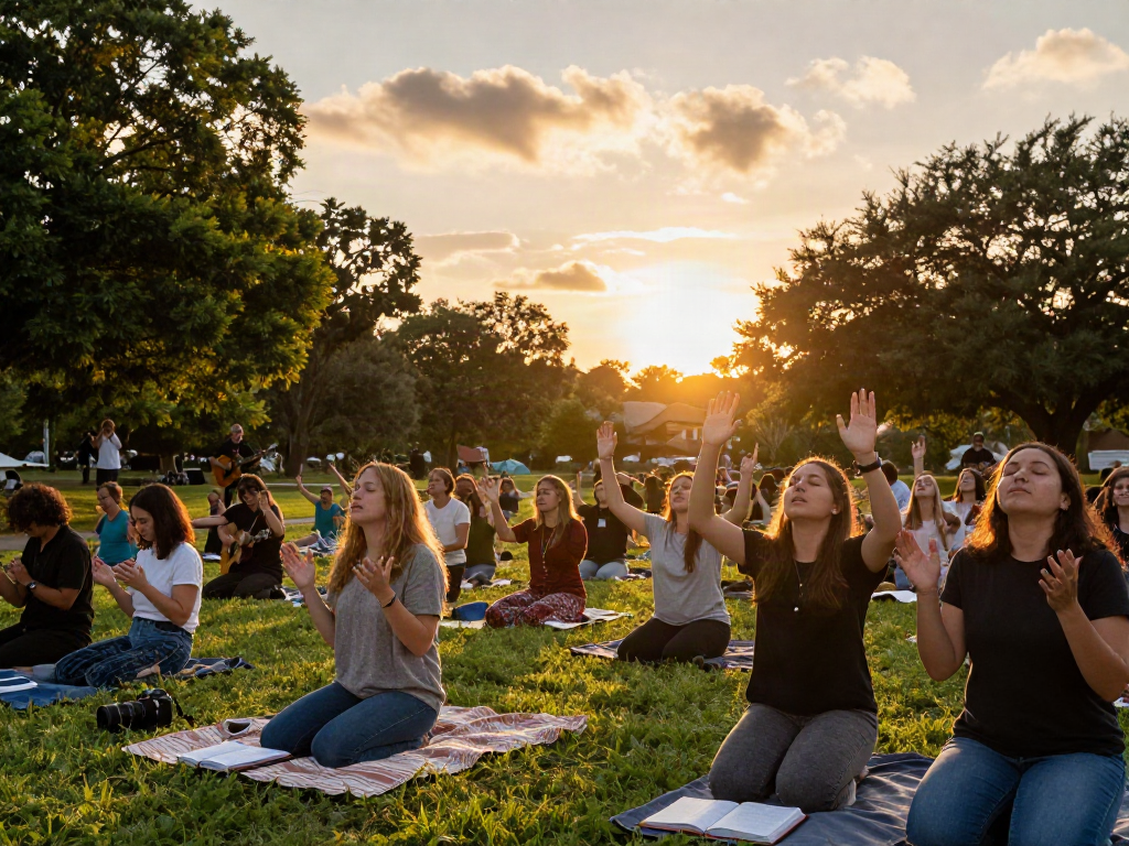 Group worshiping outdoors, a musician on guitar, during sunset, my response to faith.