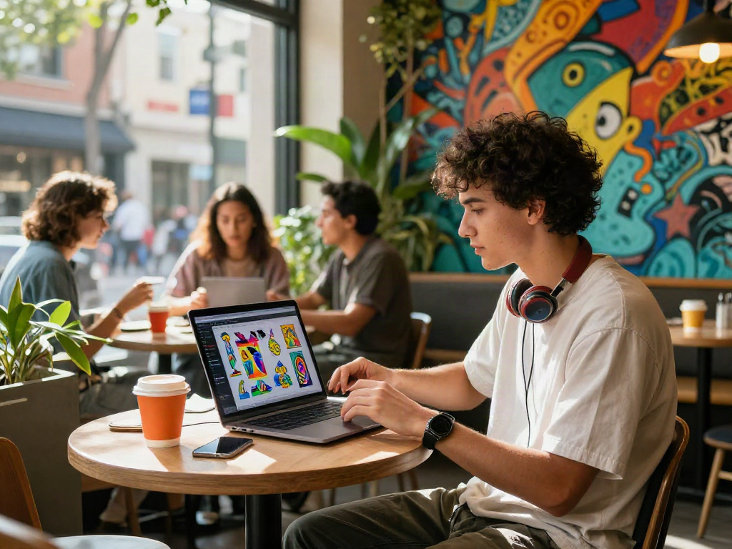 Confident person exploring ai slut concepts at urban café table with laptop