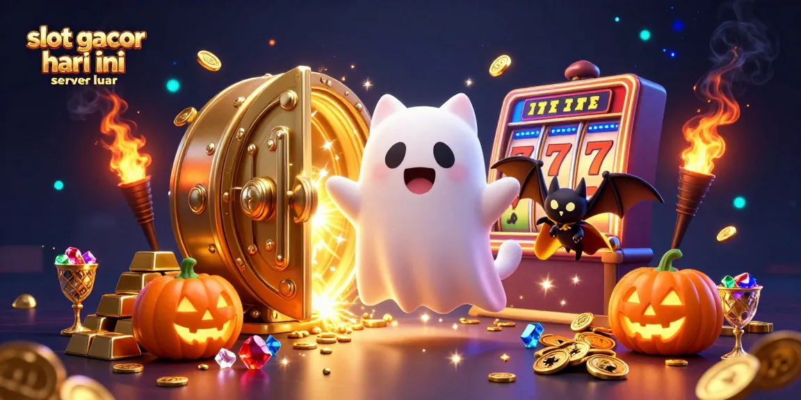 Experience excitement with slot gacor hari ini server luar, showcasing vibrant casino elements, ghost cat, and treasure.