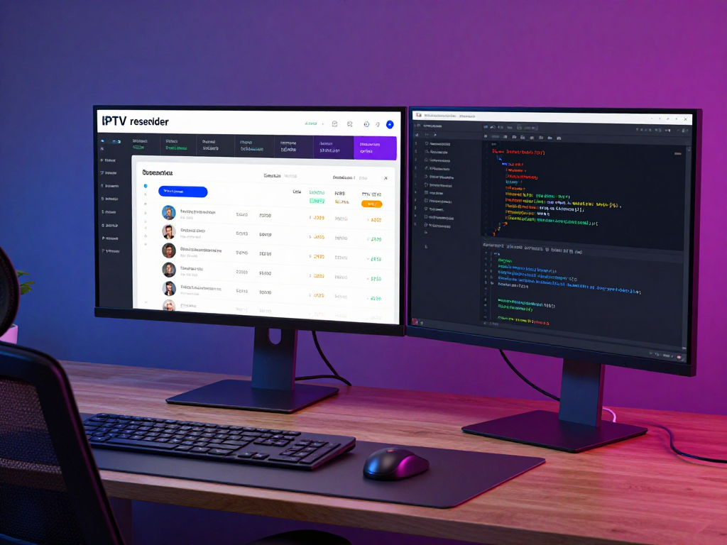 IPTV reseller panel dashboard showcasing user engagement and software development efficiency in a modern tech workspace.