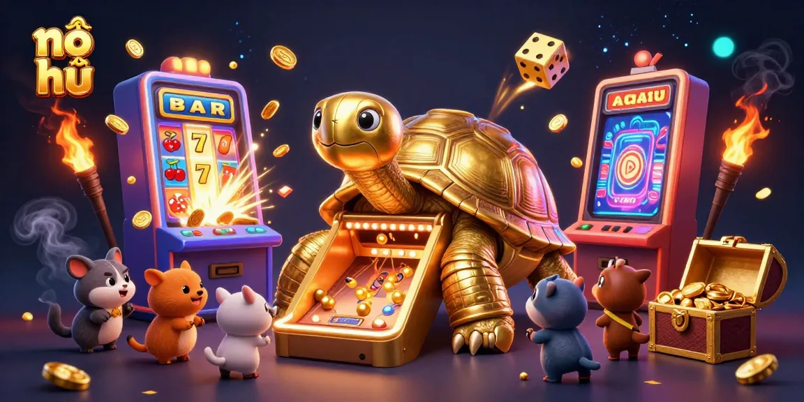 Experience fun with nổ hũ as the golden tortoise greets players at a vibrant slot machine!