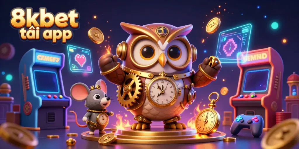 Experience the excitement of 8xbet tải app with a whimsical time-traveling owl and a digital casino setting.