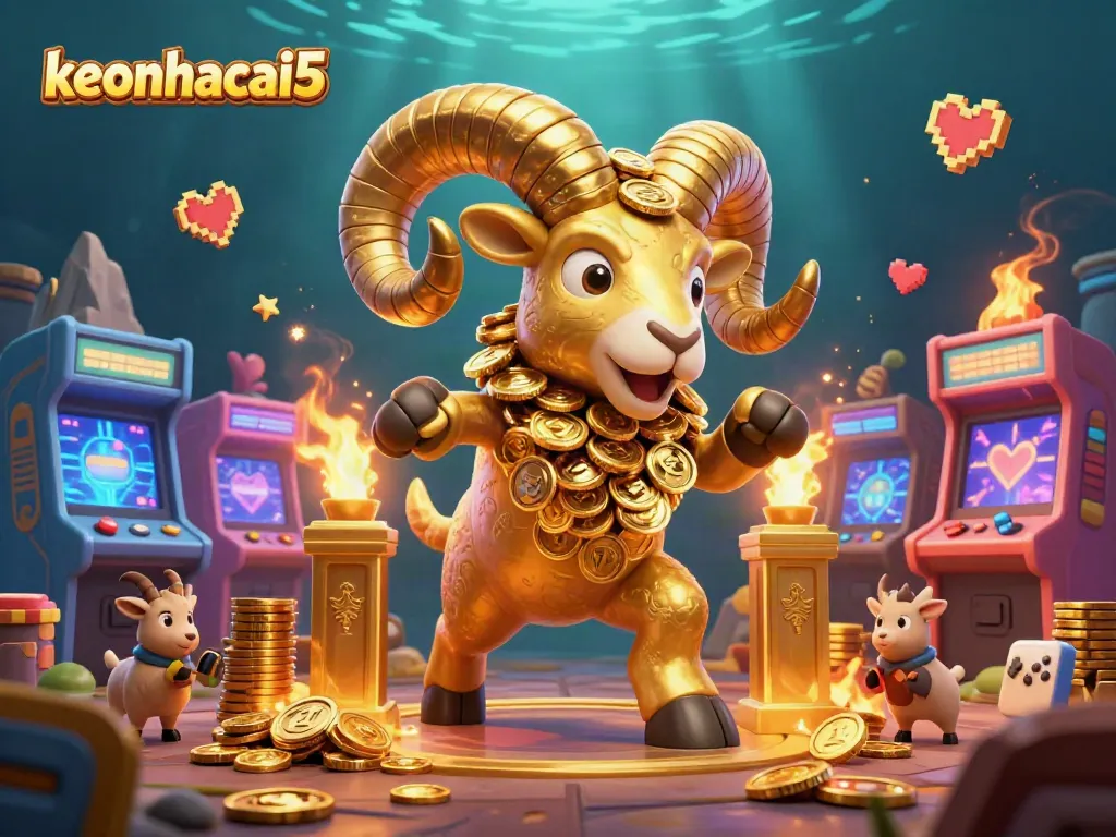 Experience the thrilling action of keonhacai5 with a dynamic 3D casino scene featuring a golden ram.