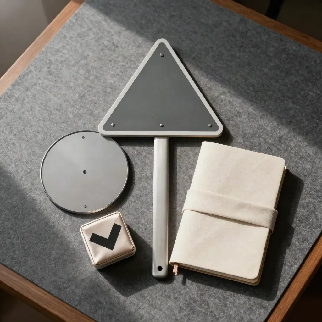 Top-down theory-test study flatlay with road-sign shapes, timer cube and a closed notebook.