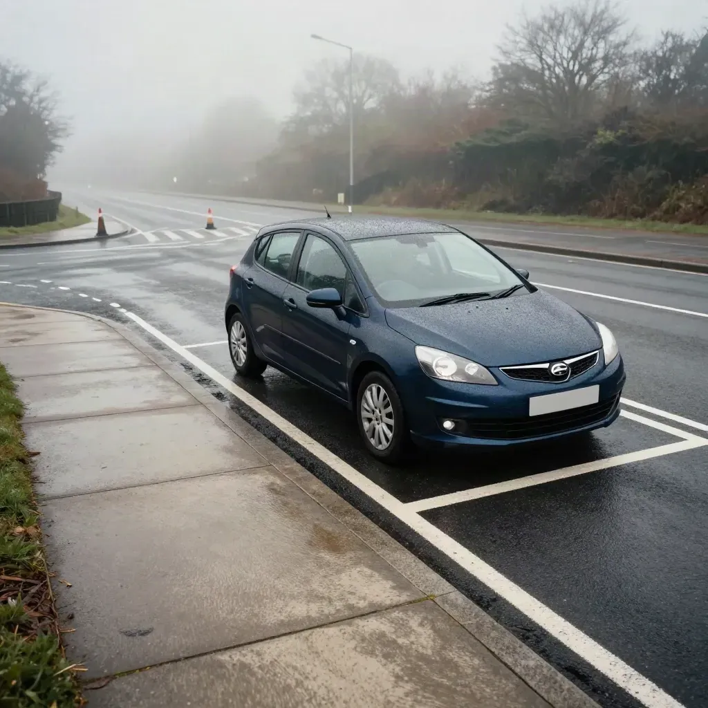 Navy learner car waits at a wet junction with cones and give-way markings.