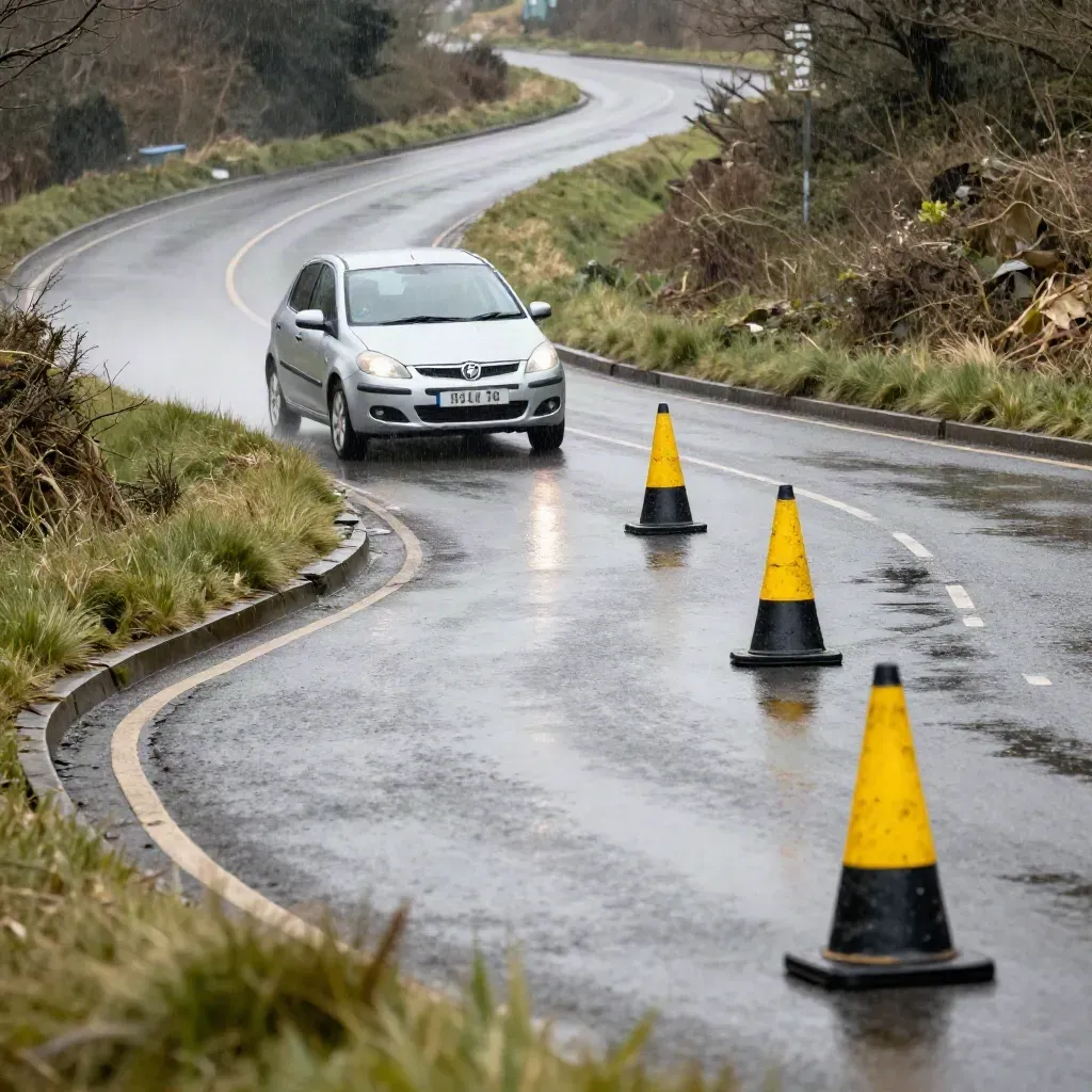 Learner hatchback and three yellow cones on a wet practice road with rain haze and low dramatic light
