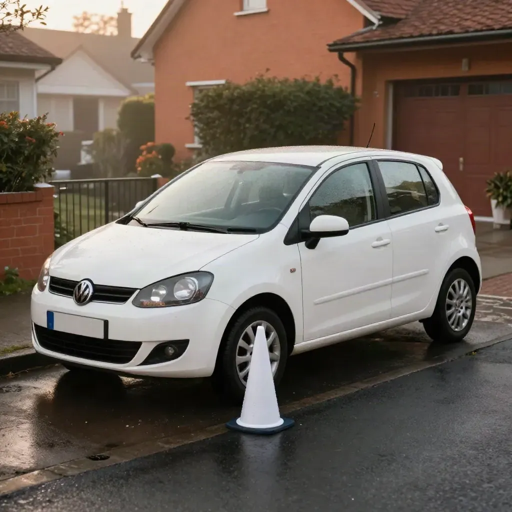 White learner car waiting by a cone on a rainy cul-de-sac at dusk.