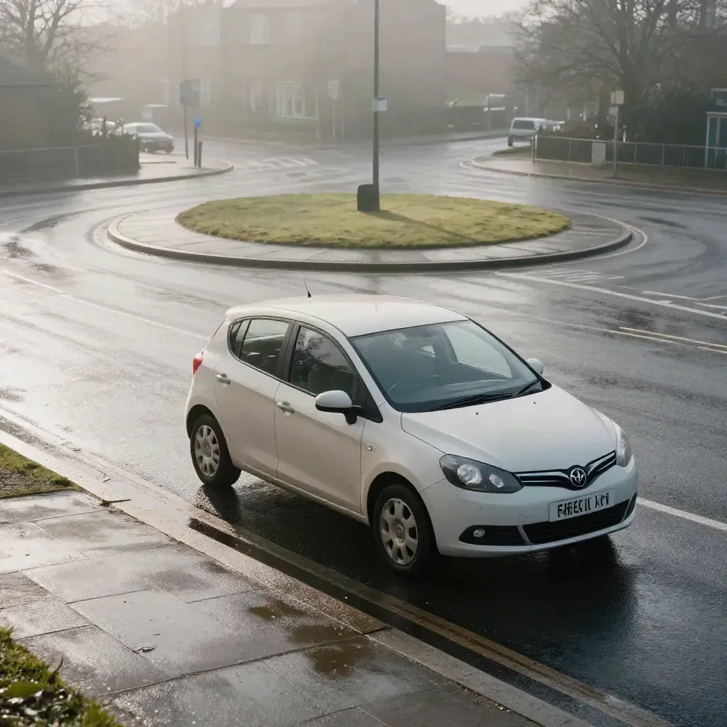 Empty learner hatchback at a damp roundabout, neatly corrected lane and balanced island at dawn.