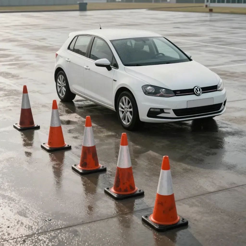 White learner hatchback beside five wet cones on a rain-sheened forecourt after a driving intensive.