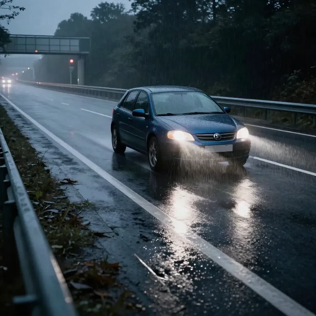 Empty hatchback merges onto a rain-slick motorway slip road under dramatic night light.