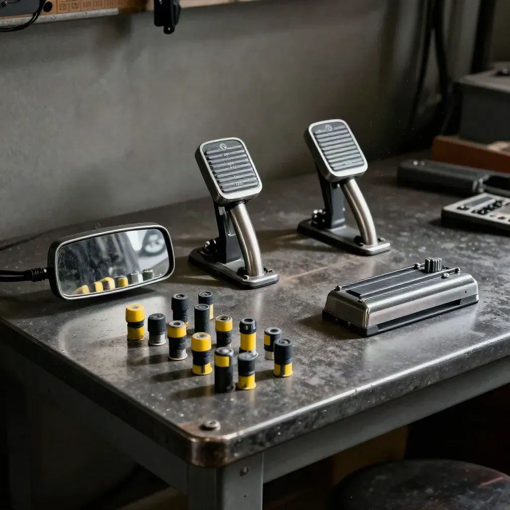 Dual-control pedal block, instructor mirror kit and route pegs on a dark workshop bench