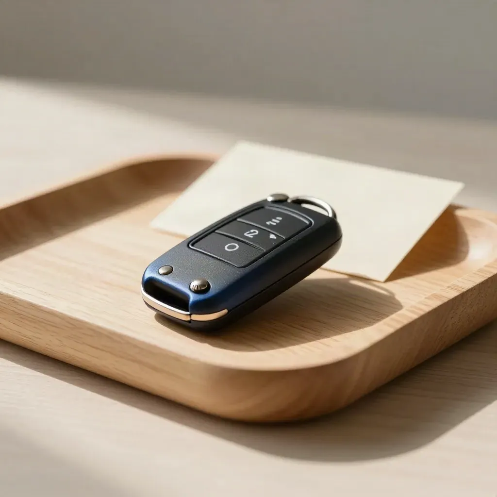 Top-down still life of driving lesson booking tools on a pale wood tray