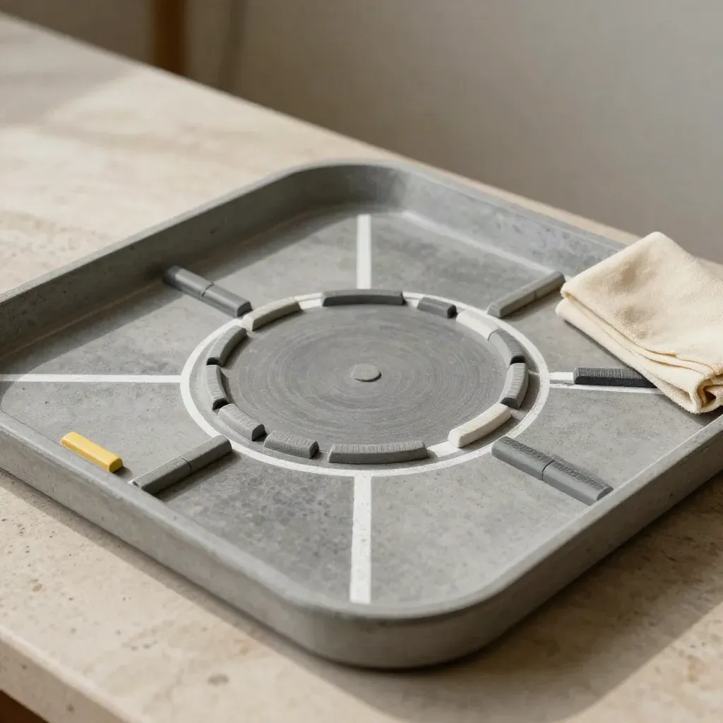 Miniature roundabout practice set on a concrete tray with lane strip and curb markers