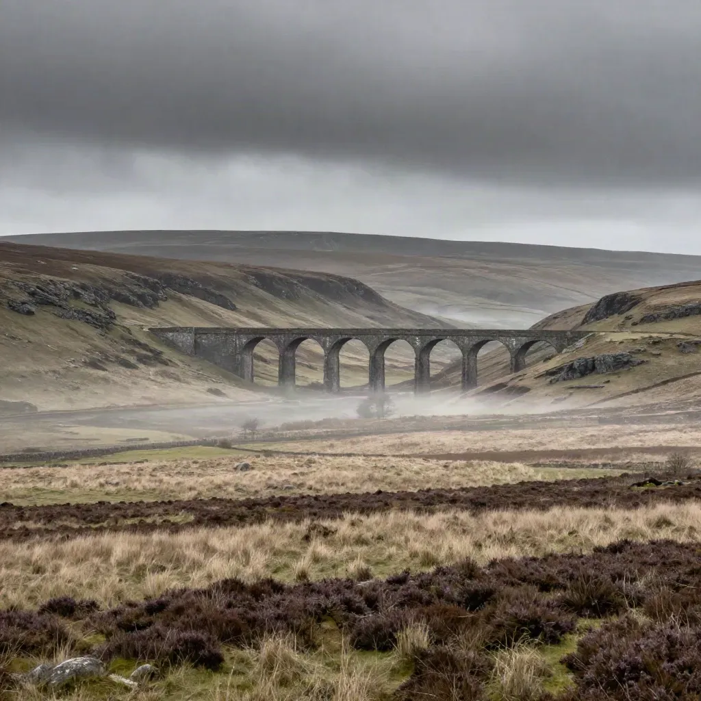 Lancashire moorland with a stone viaduct, misty valley and dramatic breaking storm light