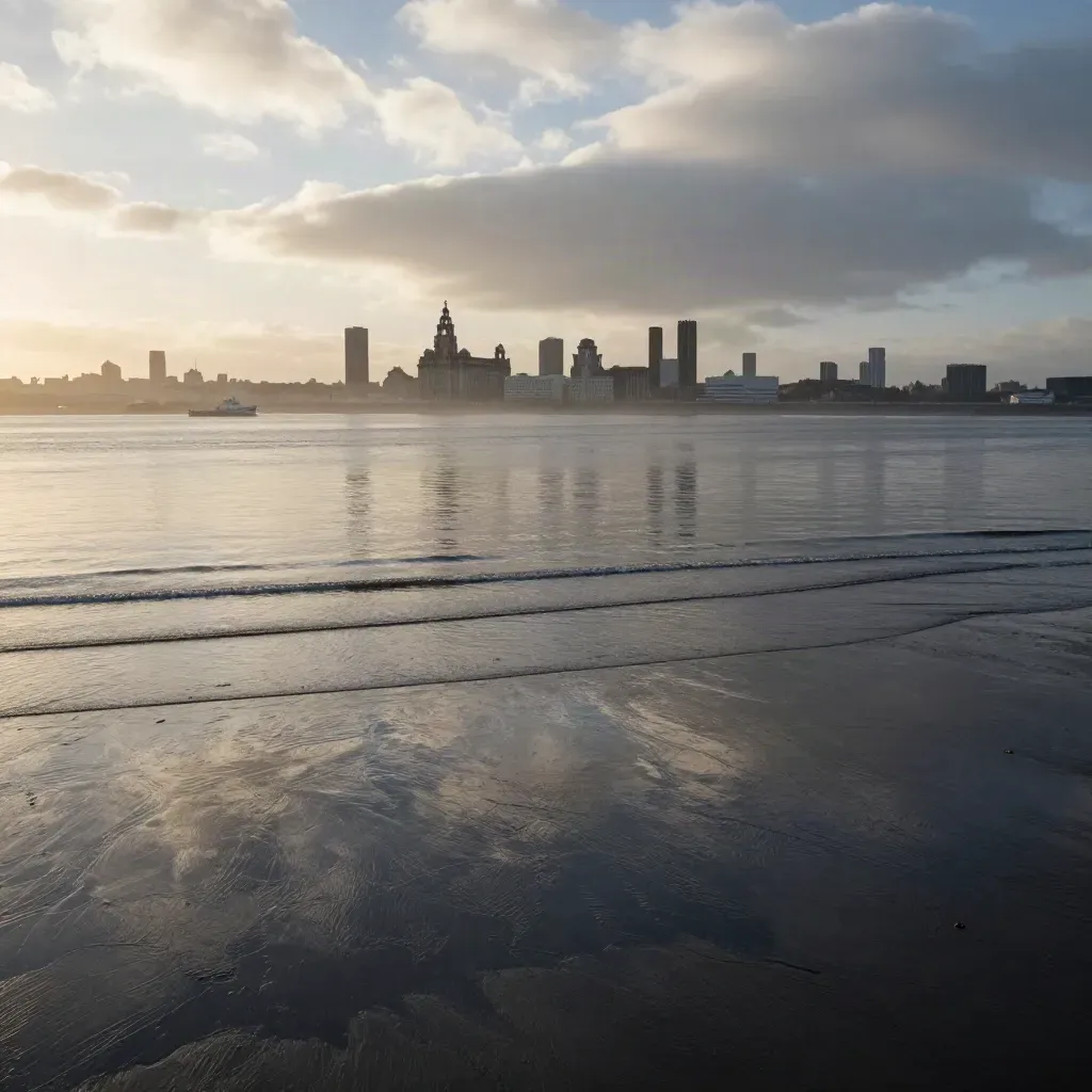 Merseyside estuary water with Liverpool waterfront silhouettes under hazy evening light