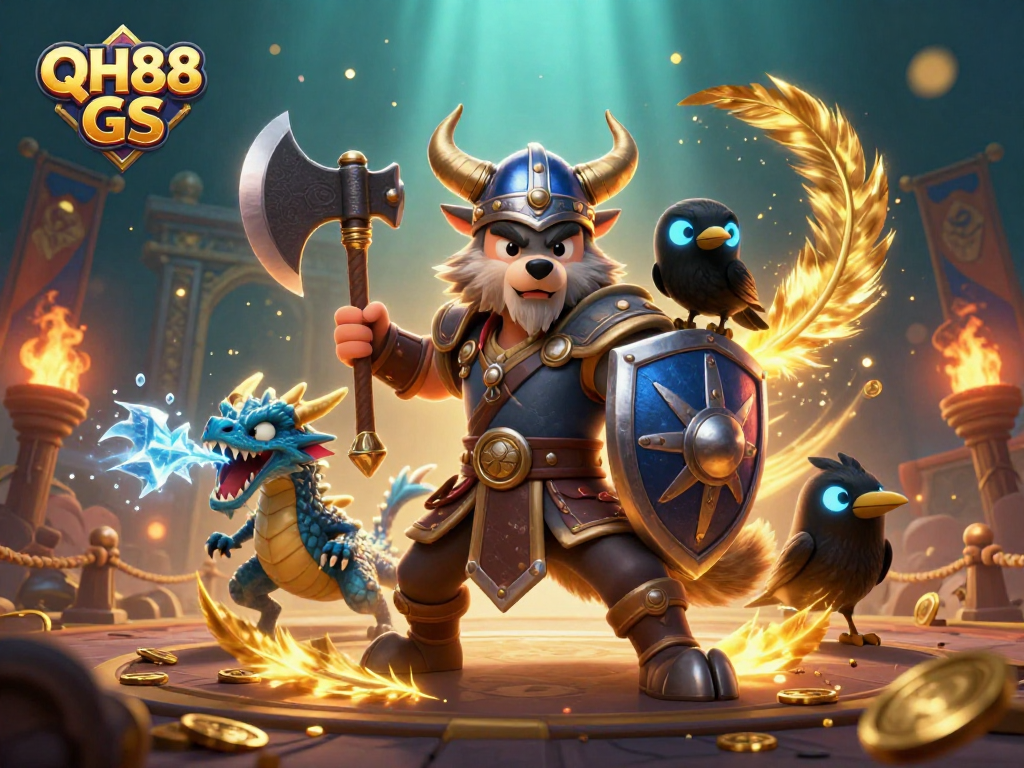 Experience the thrill of QH88 GS with a Viking warrior, dragon, and raven in an energetic 3D scene.