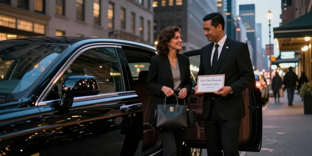 Chauffeur service NYC with professional driver and luxury car in urban setting.