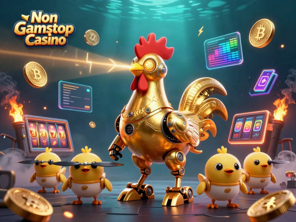 Experience thrilling gameplay at Non Gamstop Casino with a vibrant illustration of futuristic characters and crypto elements.