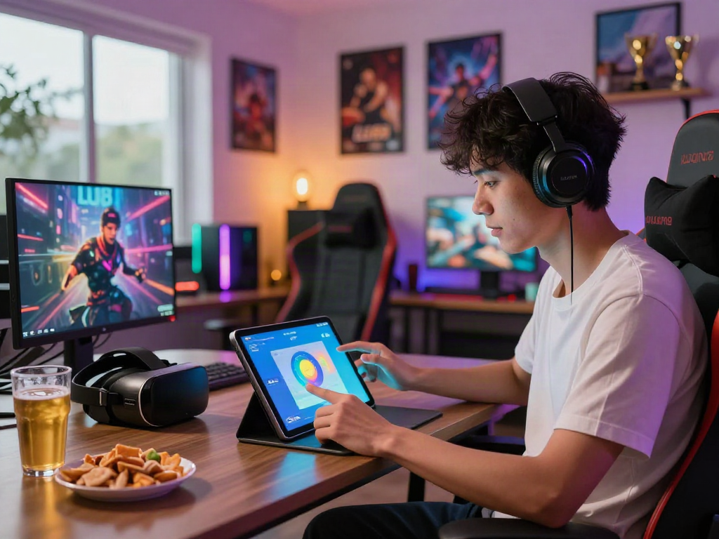 Exciting LU88 gaming experience with a player using a tablet in a vibrant interior