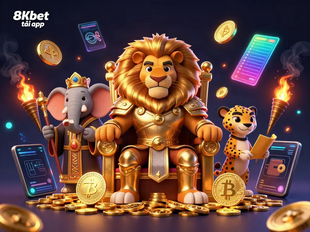 Engage in fun with 8xbet tải app featuring a lion king on a throne of gold coins, showcasing crypto elements.