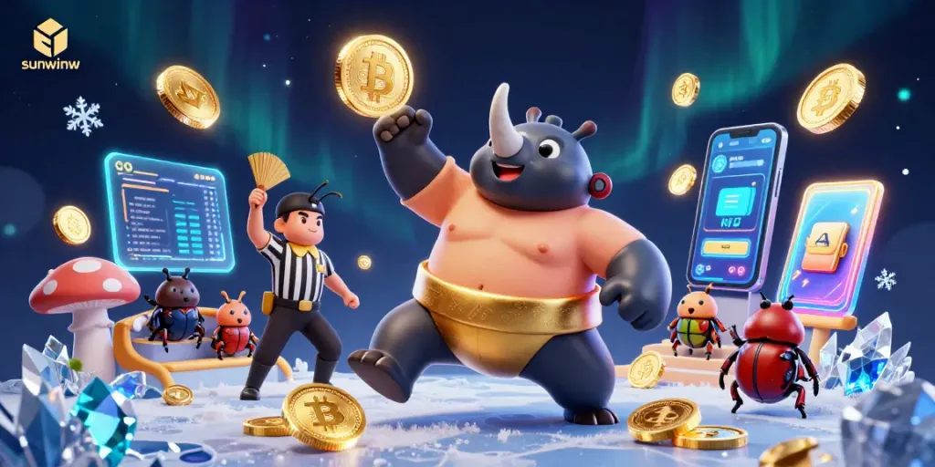 Experience winning moments with sunwinw as a powerful rhinoceros beetle stomps coins in this vibrant casino scene.