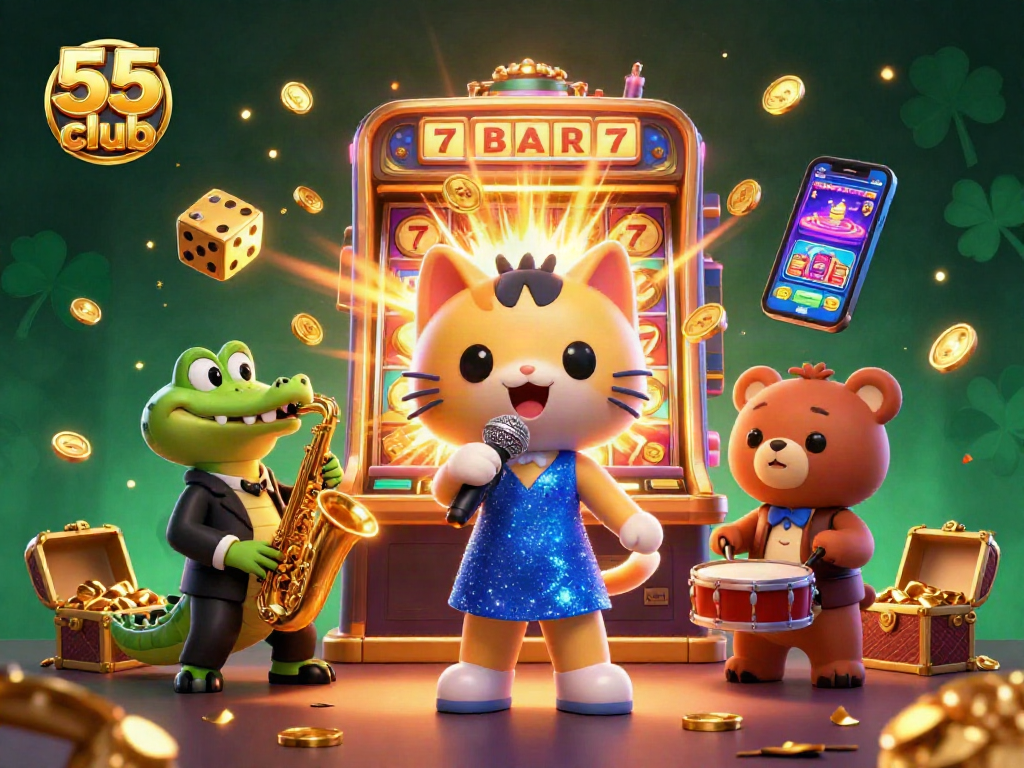 Experience exciting gameplay with 55 club as characters celebrate wins in a dynamic casino scene.