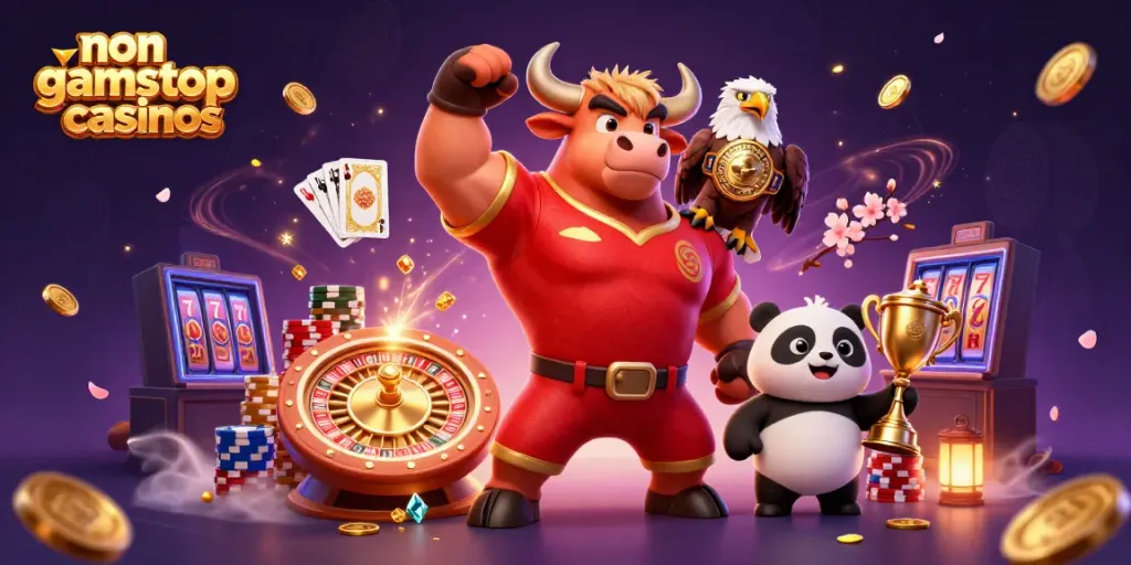 Engaging illustration of non gamstop casinos with energetic characters symbolizing casino excitement.