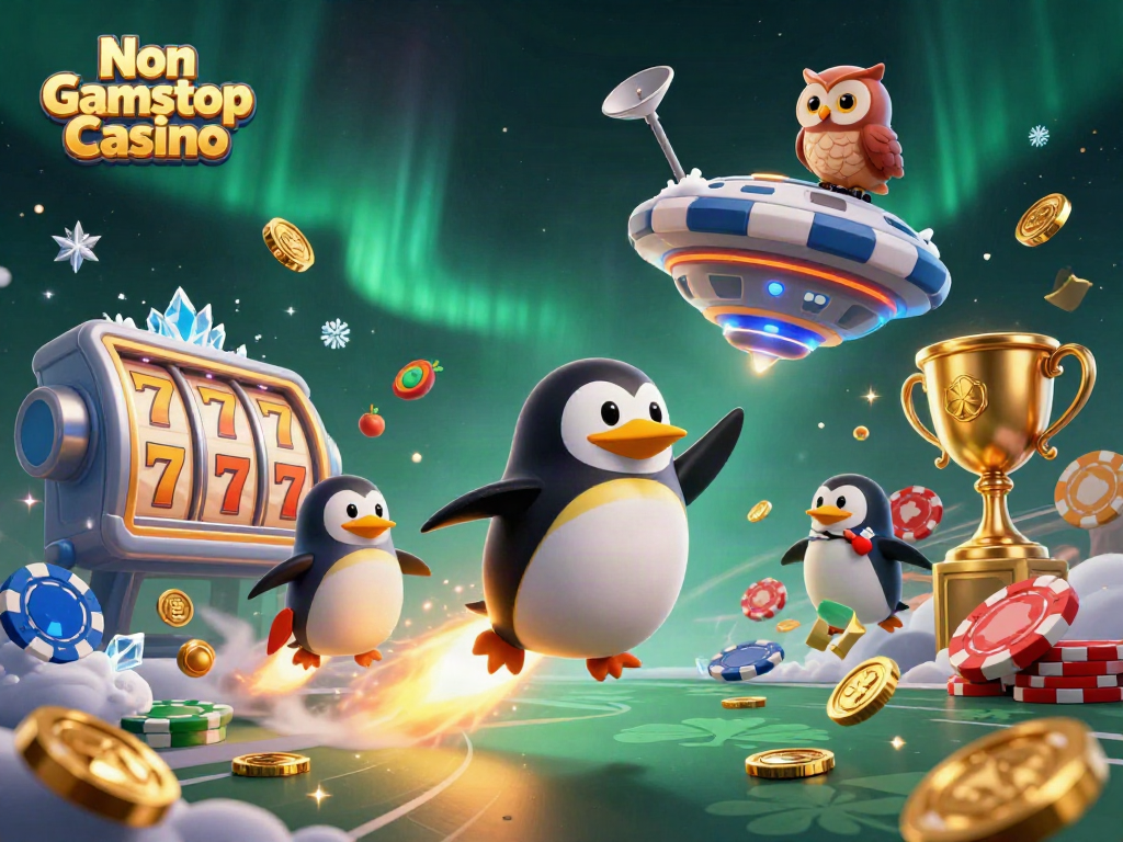 Experience the thrill of winning at Non Gamstop Casino with a dazzling 3D penguin and slot game elements.