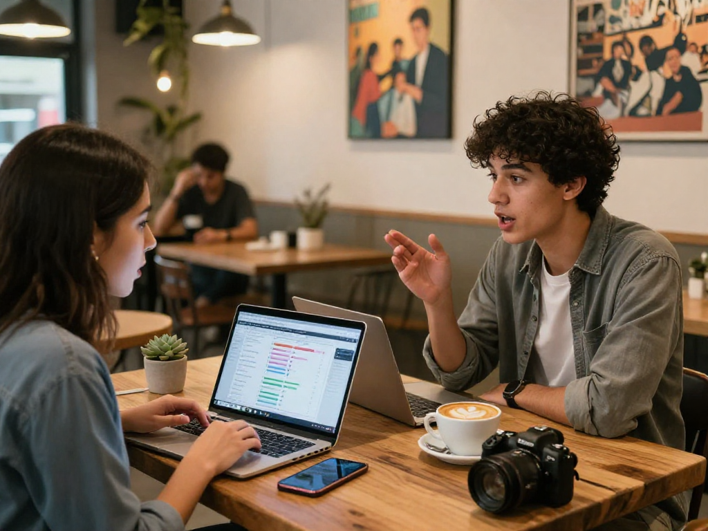 Two young adults engaged in a spicychat over coffee while discussing social media trends in a cozy café.