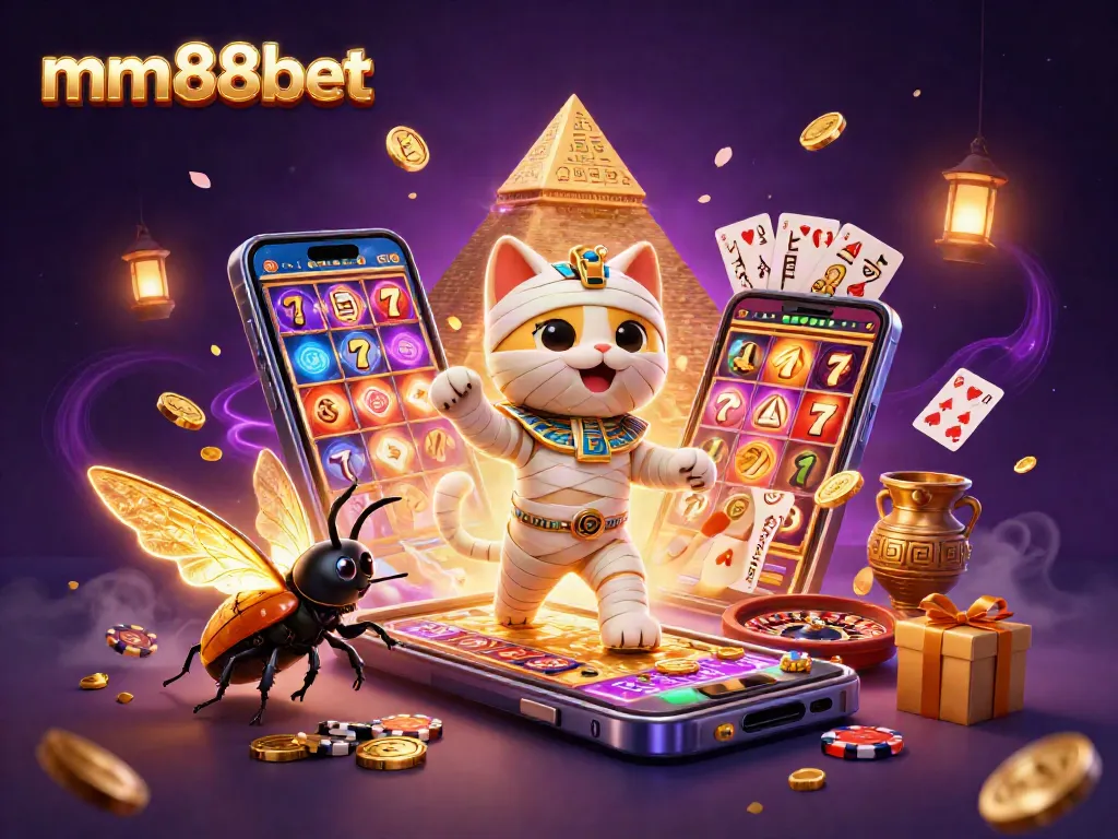 Experience the thrill of casino gaming with mm88bet's dynamic 3D illustration featuring a mummy cat and vibrant slot action.