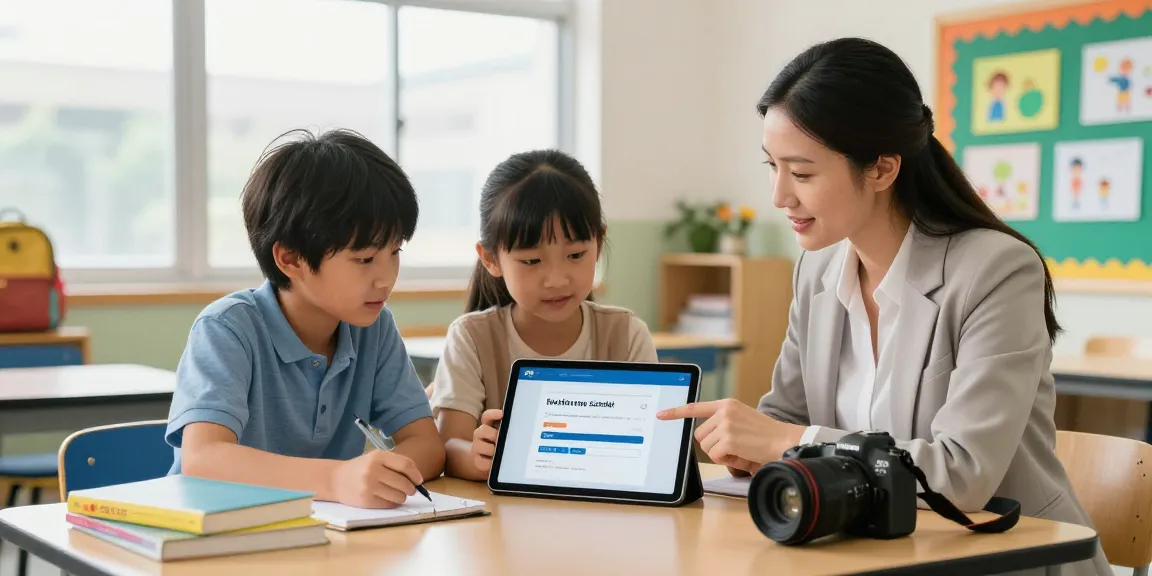 Engaged users accessing my school login in a bright classroom setting.