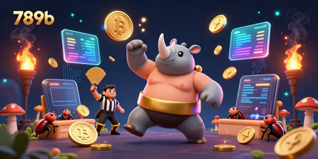 Experience the exhilarating action of 789b Casino with animated characters surrounded by golden coins and crypto-themed elements.