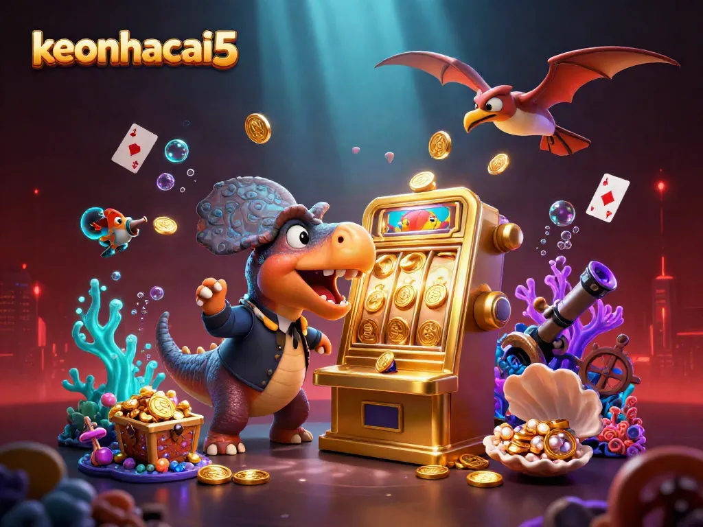 Catch flying coins with keonhacai5 while a dinosaur headbutts a slot machine in this vibrant casino scene