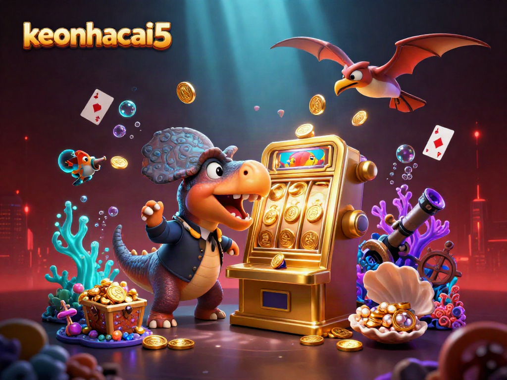 Catch flying coins with keonhacai5 while a dinosaur headbutts a slot machine in this vibrant casino scene