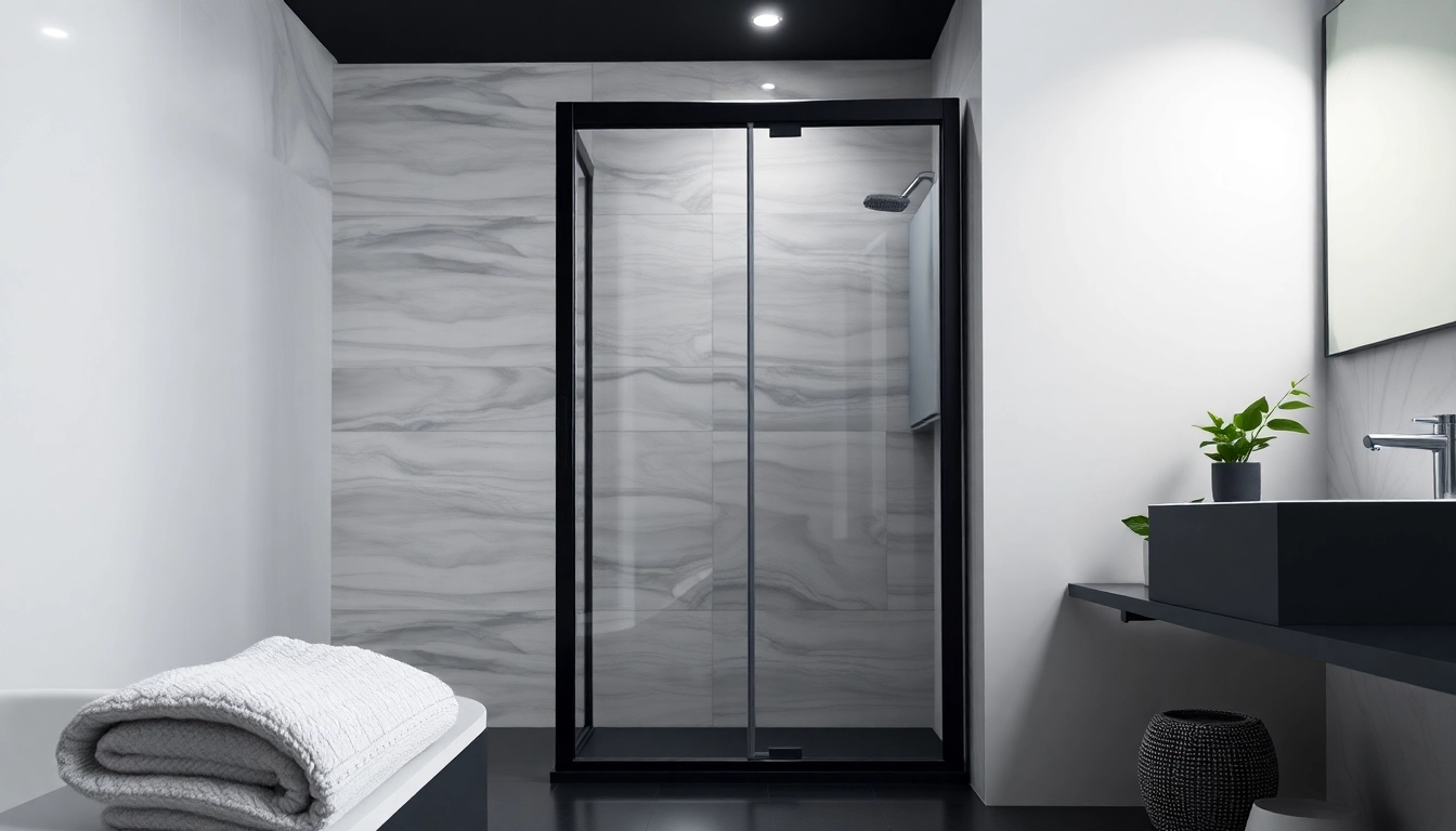 Enhance your bathroom with a sleek black shower door, showcasing its modern elegance and design.