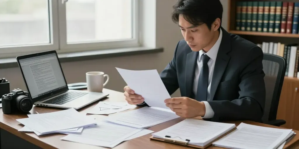 Professional investigator reviewing legal documents in a focused office setting, emphasizing evidence gathering for a case.