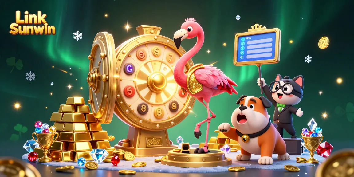 Spin the giant prize wheel and win with Link Sunwin amid gold treasure and vibrant casino elements.