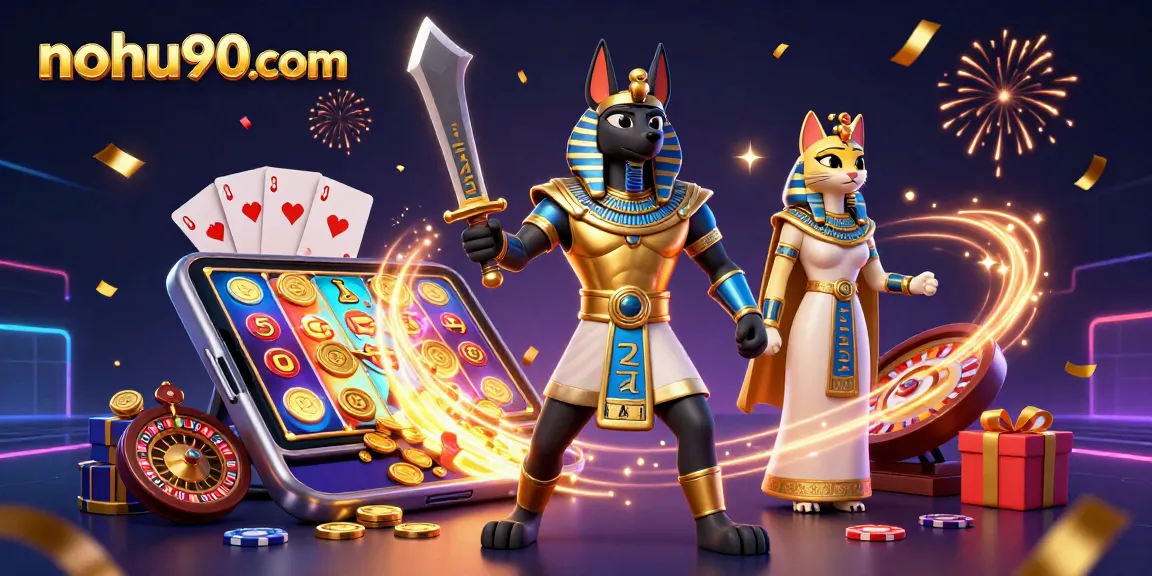 Experience thrilling wins at nohu90com with a vibrant 3D casino scene featuring ancient warriors and gaming elements.