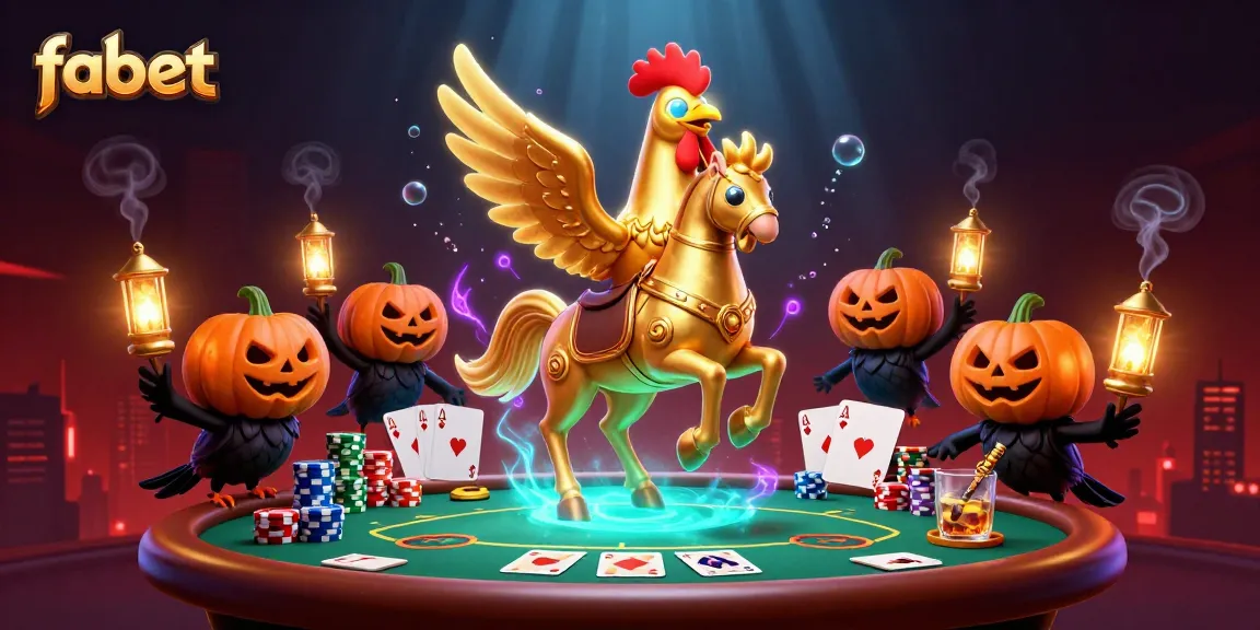 Experience fabet action in a vibrant casino scene with a golden rooster and pumpkin-headed companions.