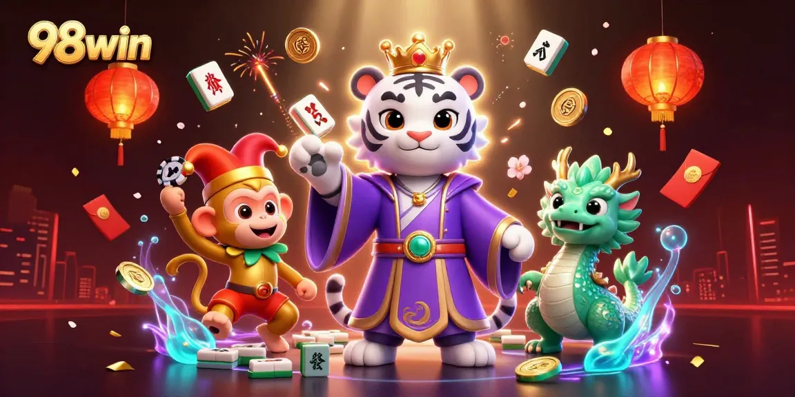 Explore the thrilling world of 98win with an illustrated scene of an elegant white tiger and friends showcasing casino excitement.