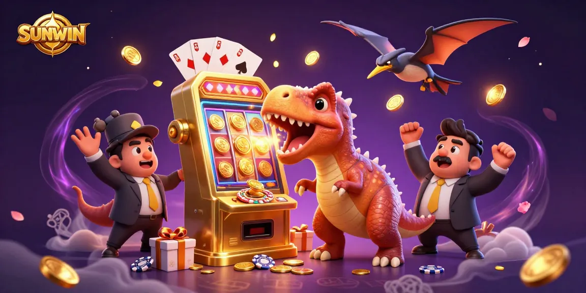 SUNWIN features a cartoon dinosaur activating a golden slot machine amid a dynamic casino scene full of action and excitement.