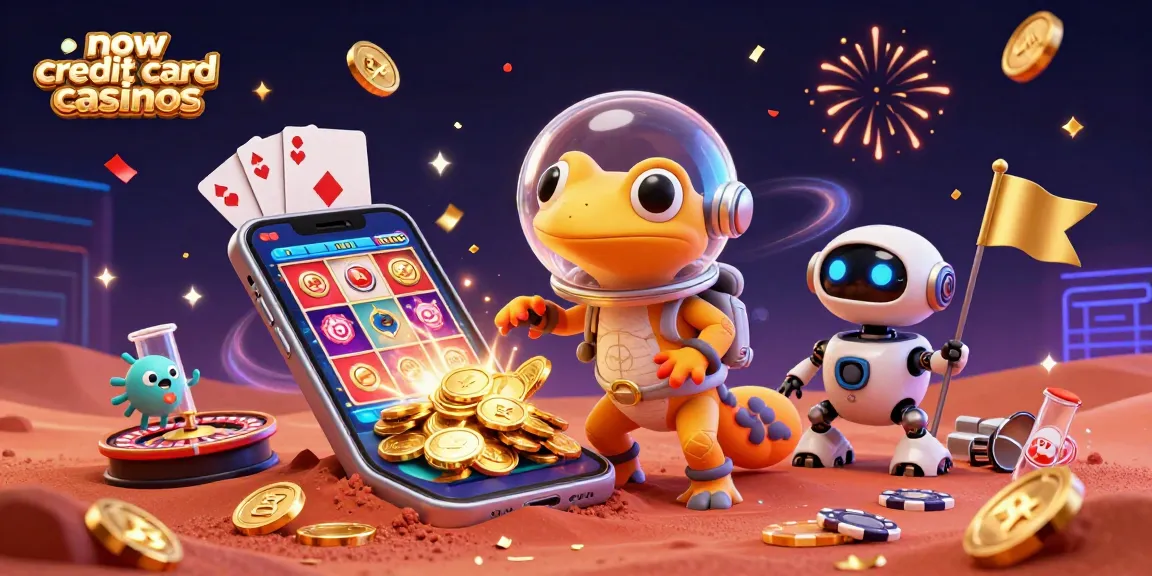 Experience new credit card casinos with a Martian gecko discovering a golden casino in a vibrant 3D illustration.