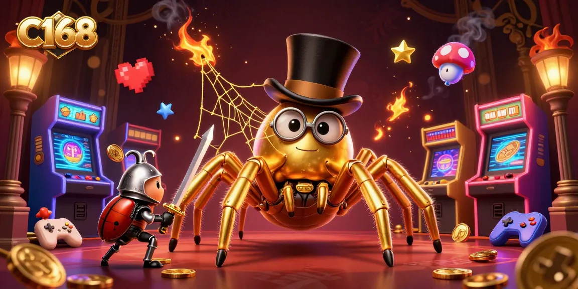 C168 brings excitement with a giant golden tarantula and a brave beetle knight in a colorful casino scene filled with games.